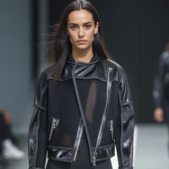 A model struts down the runway in the FREEDOM JACKET by Nik Spruill, a striking black mesh motorcycle jacket with exotic leather accents and gleaming metal zippers.