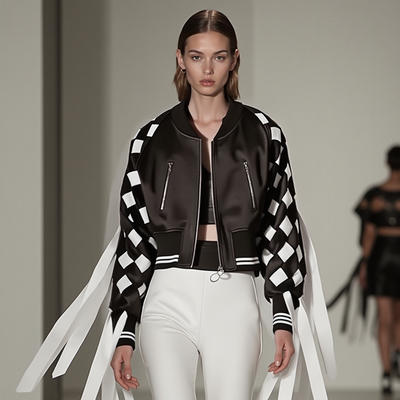 A model showcases the Checkmate Fringe Jacket by Nik Spruill, featuring a 3D laser-cut black and white checkered design with long white ribbons, paired with white pants. She has a neutral expression and straight hair against a minimal background.