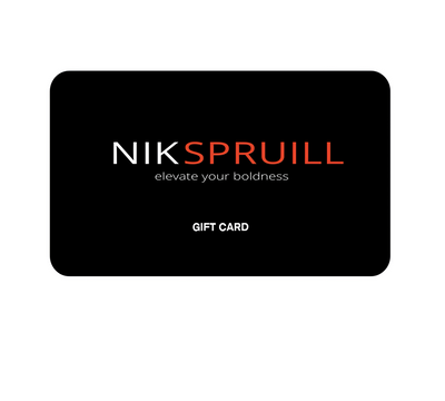 The Nik Spruill Gift Card boasts a sleek black design with "NIK SPRUILL" and "elevate your boldness" in bold white and red text, plus "GIFT CARD" stylishly at the bottom—perfect for fans of luxury and premium goods.