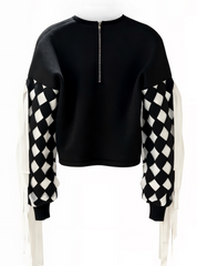 Black sweater with checkered sleeves on a white background