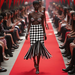 A model showcases the CHECKMATE CROCHET FRINGE SKIRT by Nik Spruill, featuring a black-and-white checkered pattern and color block design, as she walks down a red carpet runway lined with an audience.