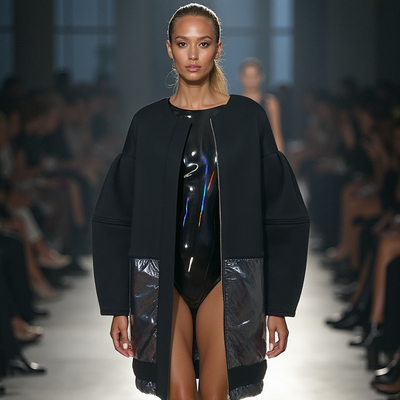 A model walked the runway in a bold black Nik Spruill ensemble, featuring a shiny bodysuit and the COCOON EMBRACE COAT with oversized lantern bell sleeves. The audience was captivated by the stunning design.