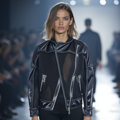 Model strides down the runway in the FREEDOM JACKET by Nik Spruill, a black motorcycle jacket featuring exotic leather and mesh details. Metal zippers subtly gleam against the garment as the blurred audience buzzes in the background.