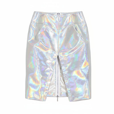 Nik Spruill grey metallic leather skirt with v slit front.