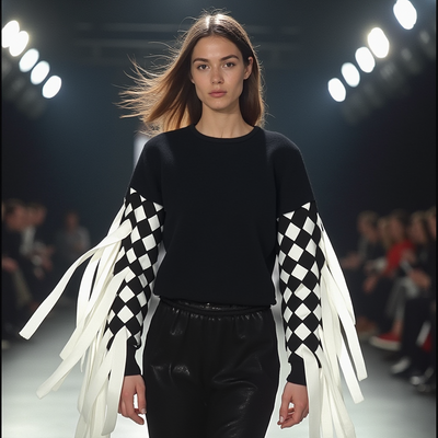 A model walks down the runway in a Nik Spruill Stitch Crochet Fringed Top, paired with sleek black pants.