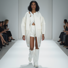A model walks down the runway in a Nik Spruill COCOON EMBRACE COAT, showcasing structured embellishments, captivating the audience.