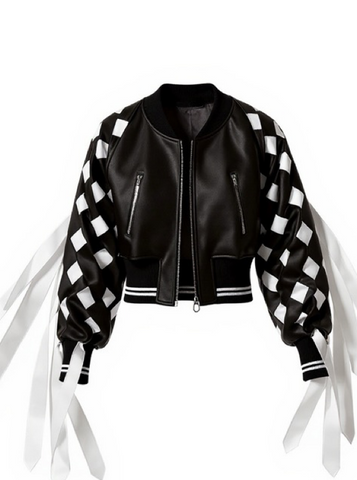 Nik Spruill Black satin jacket with interlock ribbon checkered fringe sleeves on a white background