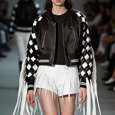 Model struts down the runway in a Nik Spruill CHECKMATE FRINGE JACKET, a black and white checkered piece reminiscent of a modern baseball jacket with fringe sleeves. Paired with white fringe shorts, this striking look captivates the audience.
