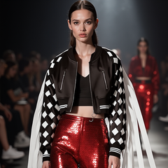 A model showcases Nik Spruill's CHECKMATE FRINGE JACKET, featuring a striking 3D laser-cut design in black and white, paired with shiny red pants on the runway.