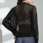 Black mesh jacket worn by a person on a light gray background