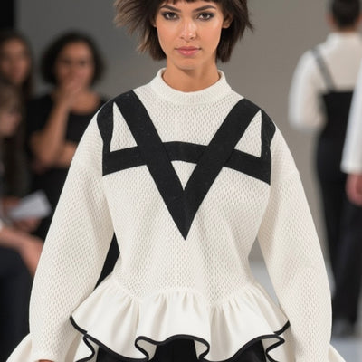 Model wearing the Nik Spruill Crossroads Top, a white and black geometric-patterned sweater with a swing design and flared hem on a runway, featuring an invisible back zipper for a sleek finish.