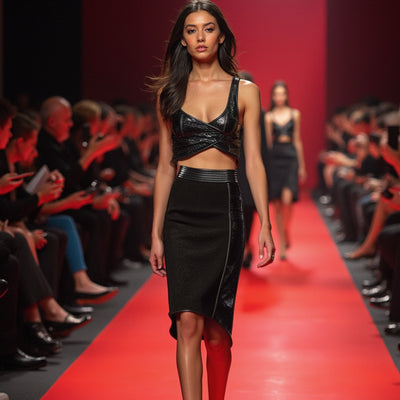 The model struts down the red runway in a striking black FREEDOM MIDI SKIRT by Nik Spruill, featuring a hi-low bottom, crafted from sleek eel skin leather, with the captivated audience seated on either side.