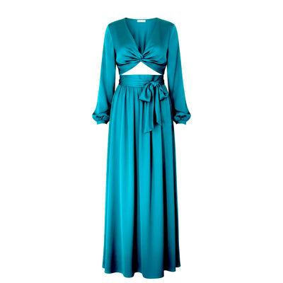 Teal dress with long sleeves and a tied waist on a white background