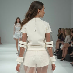 Modeling the FELICITY CONVERTIBLE TOP by Nik Spruill, this white ensemble with transparent, removable sleeves and shorts captivates the runway audience with its three-dimensional spacer fabric, adding depth and intrigue.