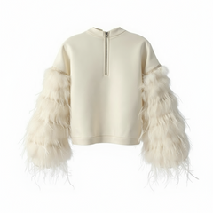 Product image back view with zipper of the Nik Spruill AIR SPACE OFF WHITE TOP featuring fluffy sleeves showcasing the latest fashion.
