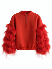 A product photo of the Nik Spruill AIR SPACE RED TOP with a mid zippered back and feathered sleeves in color red. Back view 