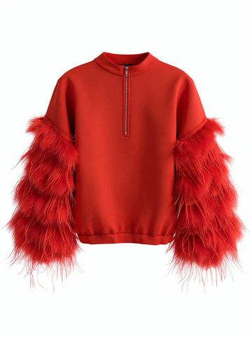 A product photo of the Nik Spruill AIR SPACE RED TOP with a mid zippered back and feathered sleeves in color red. Back view 