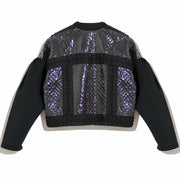 Black jacket with reflective pattern on a white background