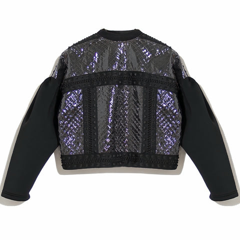Black jacket with reflective pattern on a white background