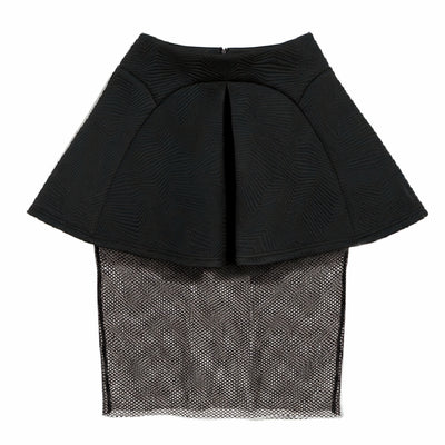 A Nik Spruill Black peplum top with sheer mesh overlay on a white background