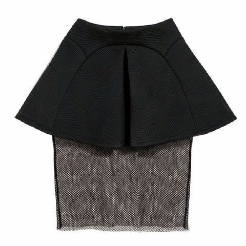 A Nik Spruill Black peplum top with sheer mesh overlay on a white background