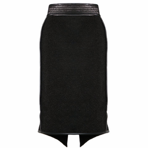 A Nik Spruill Freedom exotic leather midi skirt on a white background.