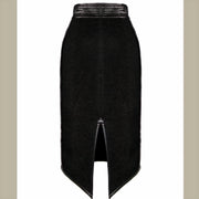 A Nik Spruill black exotic leather side panel midi skirt. Back view with v shaped slit