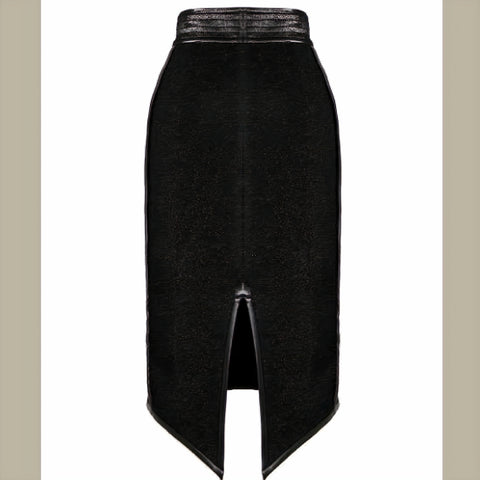 A Nik Spruill black exotic leather side panel midi skirt. Back view with v shaped slit