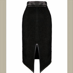 A Nik Spruill black exotic leather side panel midi skirt. Back view with v shaped slit