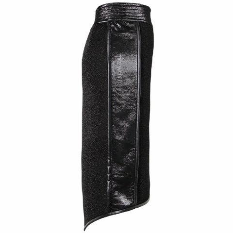 Nik Spruill Black pencil skirt with exotic leather panel. Product photo on a white background