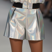 A person is wearing an ILLUMINATE SHORT by Nik Spruill, featuring silver metallic fabric with shiny, iridescent details