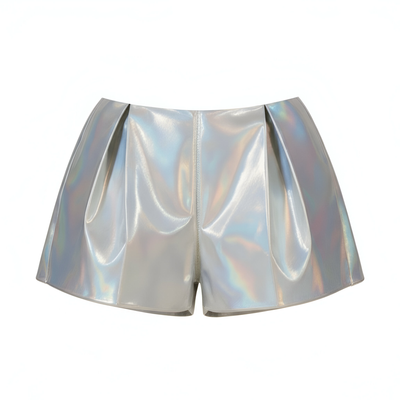 Grey leather metallic shorts by Nik Spruill. 