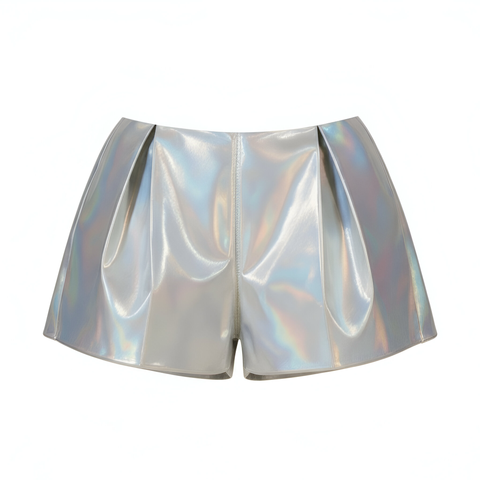 Grey leather metallic shorts by Nik Spruill. 
