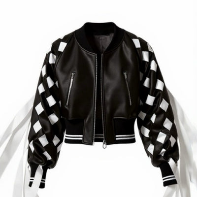 Nik Spruill Black satin jacket with interlock ribbon checkered fringe sleeves on a white background