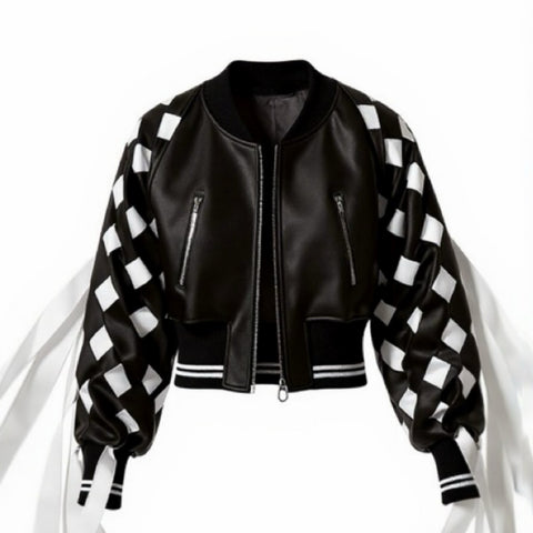 Nik Spruill Black satin jacket with interlock ribbon checkered fringe sleeves on a white background