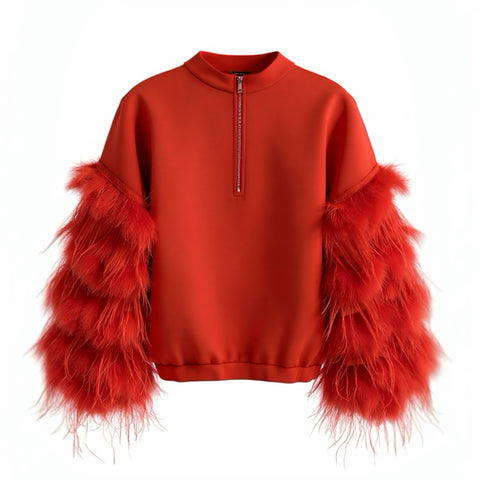 A product photo of the Nik Spruill AIR SPACE RED TOP with a mid zippered back and feathered sleeves in color red. Back view 