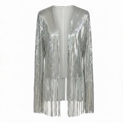 Nik Spruill SIVA STEEL SEQUIN FRINGE JACKET, its silver sparkle highlighted by long sleeves and playful fringe, set against a studio backdrop.