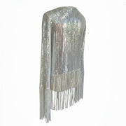 Nik Spruill SIVA Steel Sequin Fringe Jacket featuring fringe details, elegantly posed from the back.