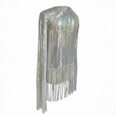 Nik Spruill SIVA Steel Sequin Fringe Jacket featuring fringe details, elegantly posed from the back.