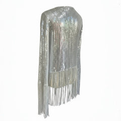 Nik Spruill SIVA Steel Sequin Fringe Jacket featuring fringe details, elegantly posed from the back.