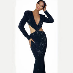 Black sequin dress with cut-out design on a white background