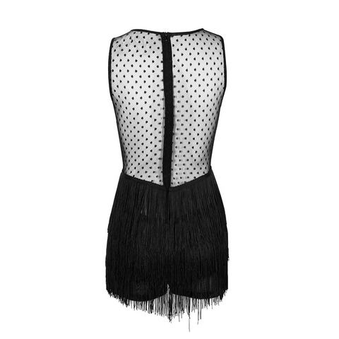 Black romper with sheer top and fringes on a white background