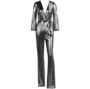 Silver metallic jumpsuit on a white background