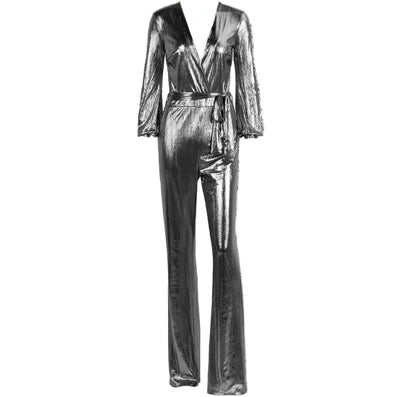 Silver metallic jumpsuit on a white background