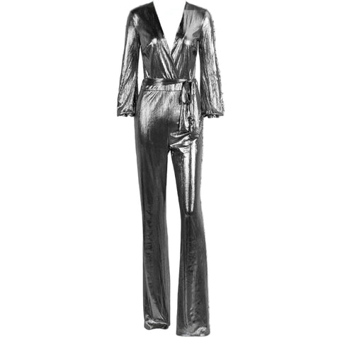 Silver metallic jumpsuit on a white background