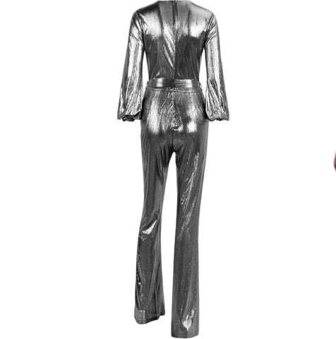 Silver metallic jumpsuit on a white background