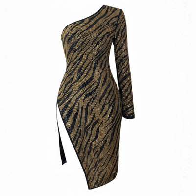 Gold and black zebra patterned one-shoulder dress on a white background