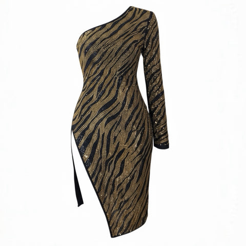 Gold and black zebra patterned one-shoulder dress on a white background