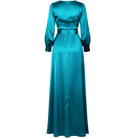 Teal satin evening gown with long sleeves on a white background