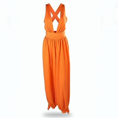Orange dress with criss-cross straps on a white background